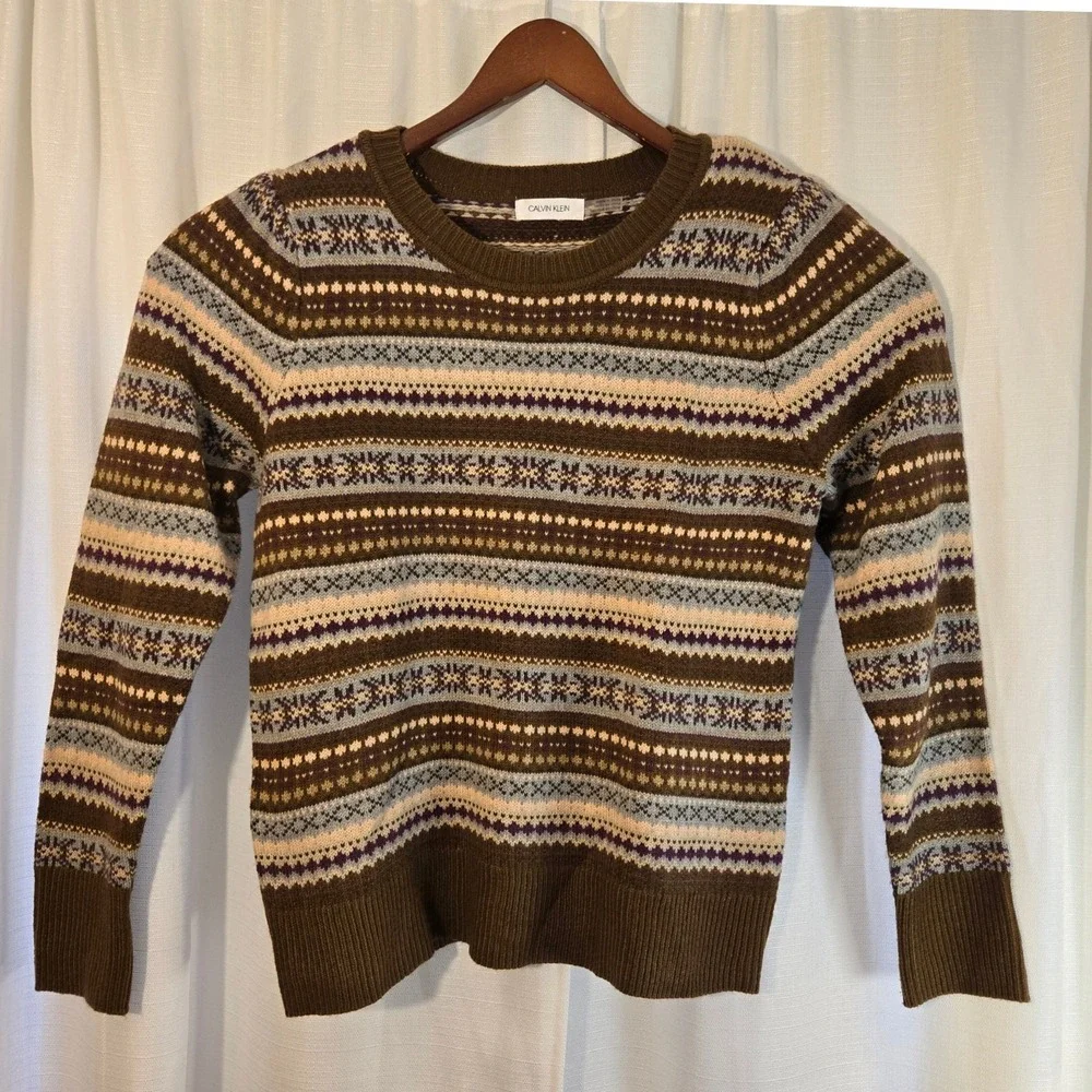 Calvin Klein Fair Isle Long Sleeve‎ Crew Neck Sweater Women's M Brown EUC